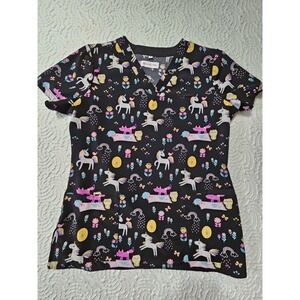 White Cross Scrub Top Women's Small Cotton Unicorn Print Muticolor Preowned